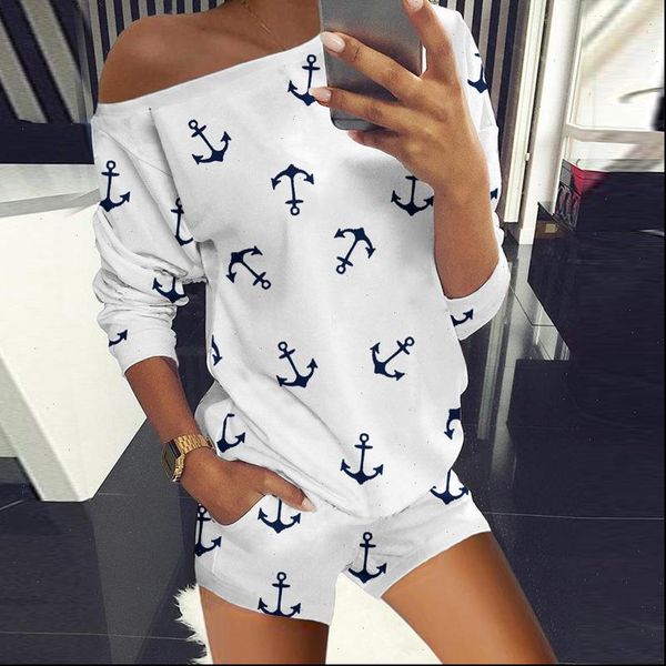 

womens fashion suit round neck anchor print long sleeve and shorts casual piece suit 2021 style womens dress, Gray