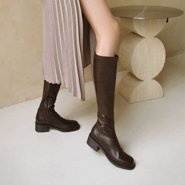 

slim elastic women's 2021 autumn winter new thick korean round toe medium heel high barrel martin boots, Black