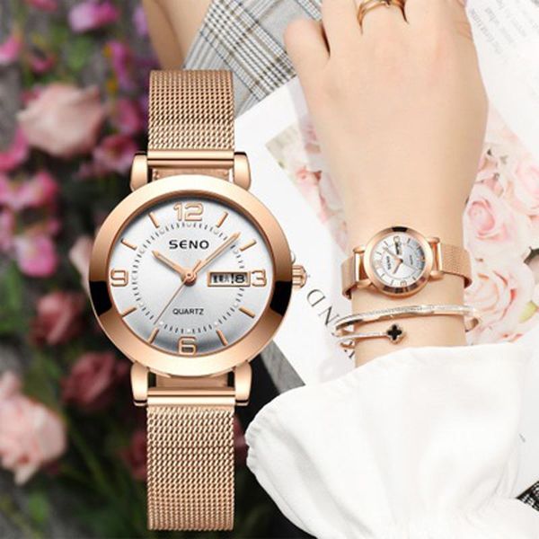 

wristwatches 2021 korean style fashion watches for women waterproof calendar stainless steel nightlight wrist watch, Slivery;brown
