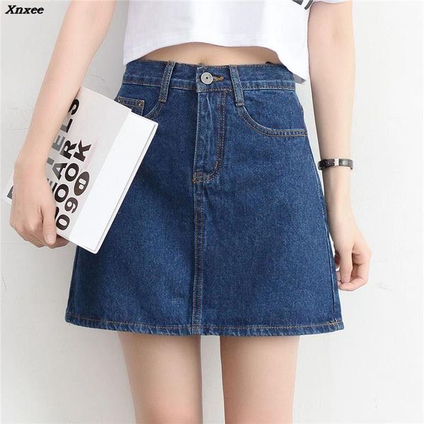 

skirts fashion high waisted denim skirt summer casual saias basic mini a-line jeans woman plus size xnxee, Black