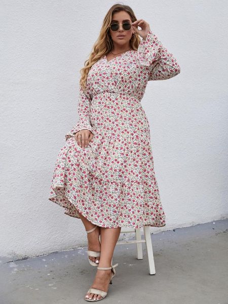 

plus size dresses korean fashion 2021 summer woman dress female v neck long sleeve floral print casual high waist, Black