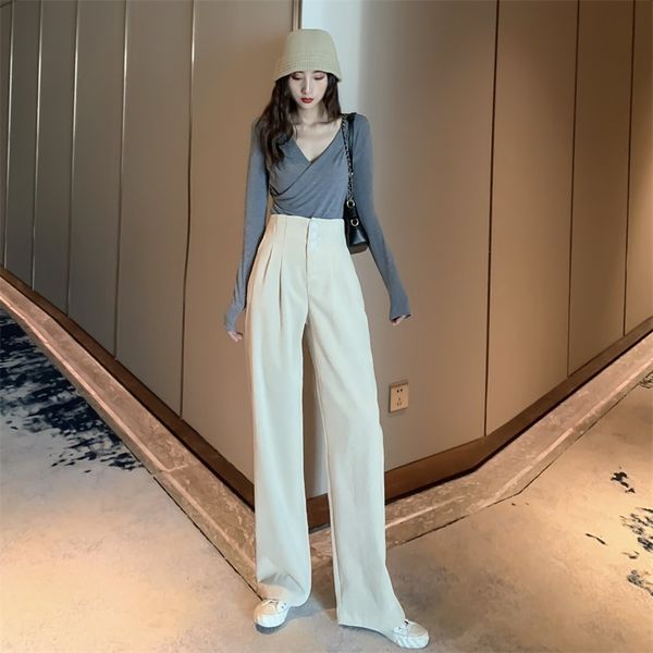 

2021 new women vintage wide leg haren pants corduroy solid color spring casual fashion high waist offcie lady trousers yfmz, Black;white