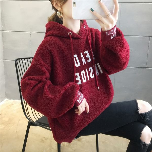 

lamb cashmere embroidered sweater women's autumn and winter hooded thickened large wear, Black
