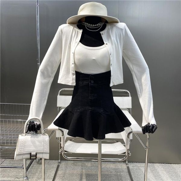 

women's knits & tees niche design 2021 pure color casual shoulder pad long sleeve short cardigan + suspender vest with breast style sui, White