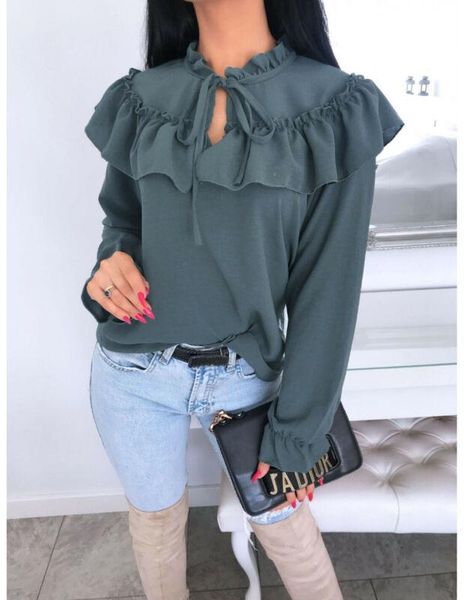 

new fashion womens ladies solid color ruffles neck chiffon blouse bandage tie long sleeve shirt plus size, White