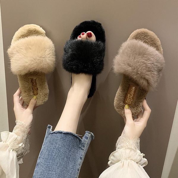 

slippers web celebrity women's thermal 2021 autumn and winter mao shoes wear outside the home, Black