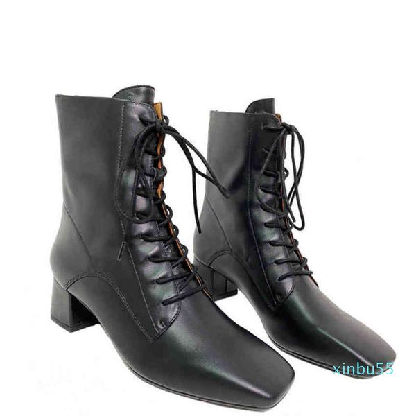 

boots martin boots thick heel square head lace up sheepskin short with back zipper and middle british womens, Black