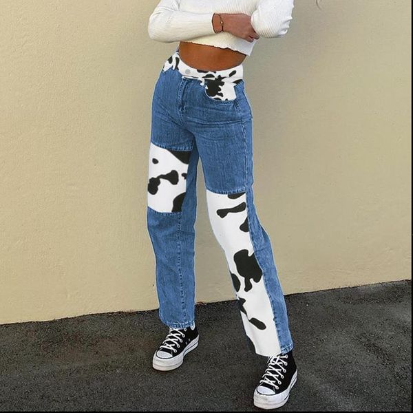 

2020 high waist streetwear pants grunge style 90s denim jeans cow patchwork fashion women e girl trendy trousers, Blue