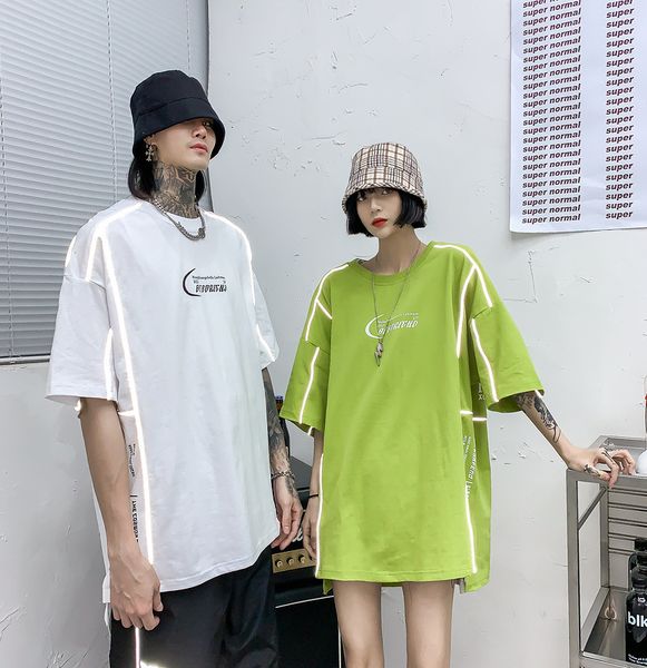 

t shirt reflective short sleeve half 2021 summer hip hop alphabet print personalized strapping couple s, White;black