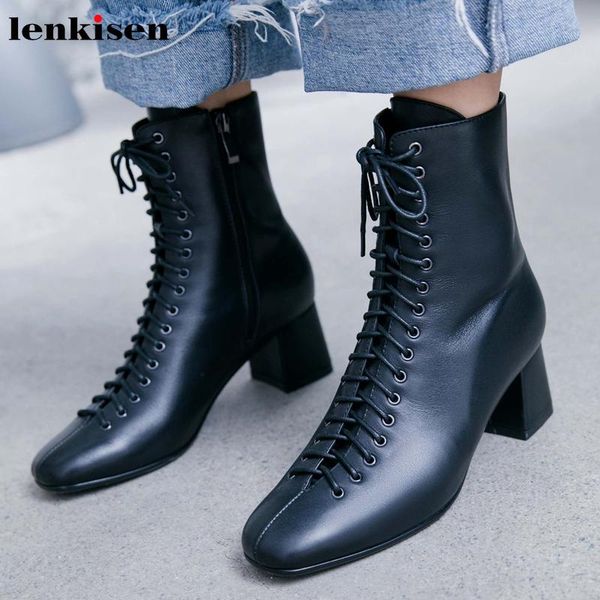 

boots lenkisen genuine leather high heels round toe cross-tied fashion rivets black colors autumn winter women ankle l17