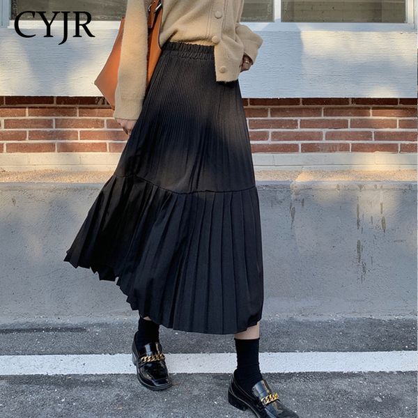 

midi female 2021 new summer elasticity casual high waist skirt plissado vintage shreds long faldas mujer nwak, Black