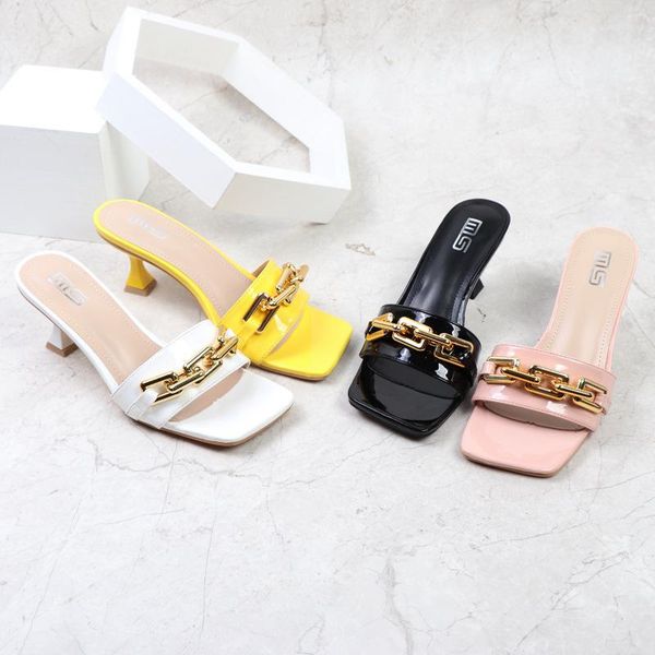 

slippers 2021 summer women slide sandals brand design gold chain ladies thin high heel square toe outside, Black