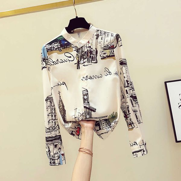 

2021hong kong style printed shirt women's chiffon long sleeve early spring 2021, White