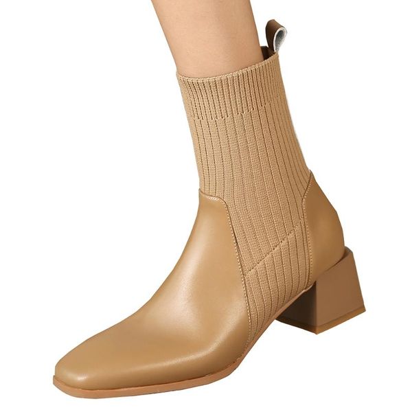 

boots genuine leather stitching flying knitting woolen thread ladies ankle first layer cowhide fabric sleeve fashion, Black