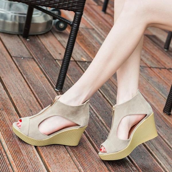 

dress shoes nice summer women wedge sandals high heel women's platform wedges vintage zippers sandalias mujer large size, Black