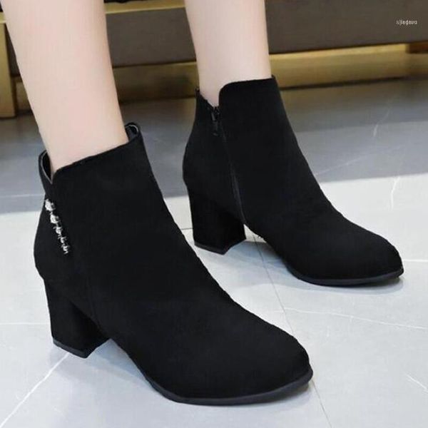 

boots 2021 autumn winter fashion women ankle casual faux suede pointed toe thick high heels party shoes woman ankle11, Black