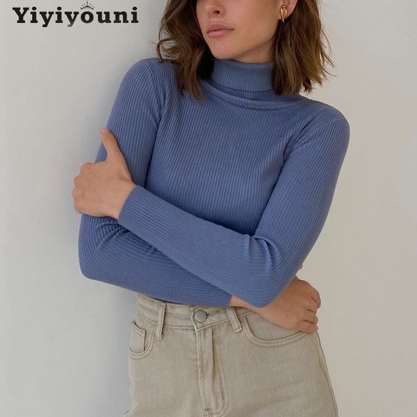 

yiyiyouni casual slim fit knitted turtleneck sweater women autumn winter ribbed basic pullovers women soft long sleeve jumper, Black