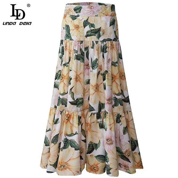 

ld linda della fashion designer summer runway elegant party skirt women's high waist flower print vintage midi skirt vestidos, Black