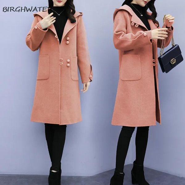 

women's wool & blends woolen coat 2021 autumn winter korean mid-length hooded loose black overcoat ladies haze blue female coats