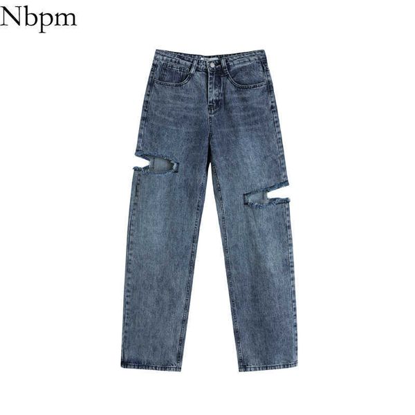 

nbpm women chic fashion high waist hole ripped woman jeans all-match loose wide leg pants loose bottom spring summer 210529, Blue