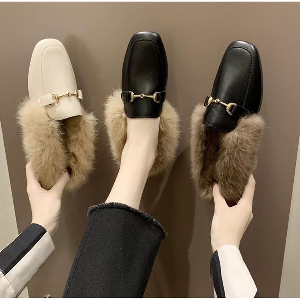 

plush women mules slippers slip on warm woman slipper faux fur flat shoes square toe female ladies fashion winter slides casual, Black