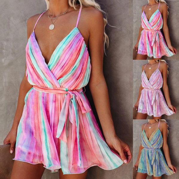 

casual dresses summer women v-neck colour print fashion ladies high waist suspenders beach mini dress sundress, Black;gray