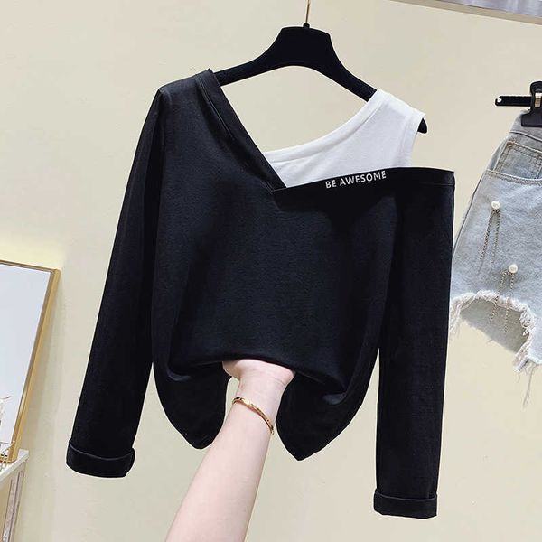 

long sleeve one shoulder white patchwork t shirt women cotton autumn female t-shirt women tee shirt femme 210604