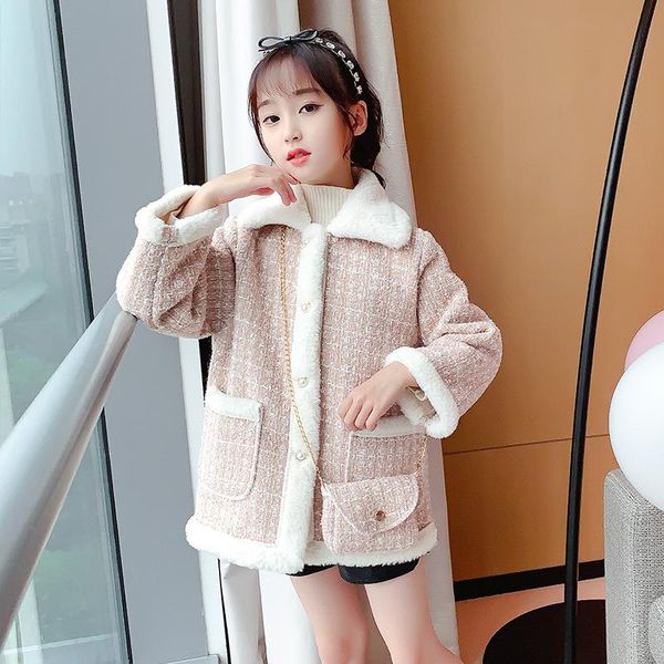 

jackets style western-style plaid woolen girls autumn and winter coats, big children's thickening velvet coat, clothing, Blue;gray