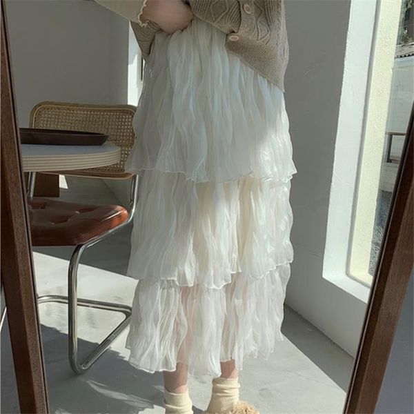 

alien kitty maxi chiffon skirt women fashion new korean elastic high waist cake long skirts female lady black white bottoms 210315