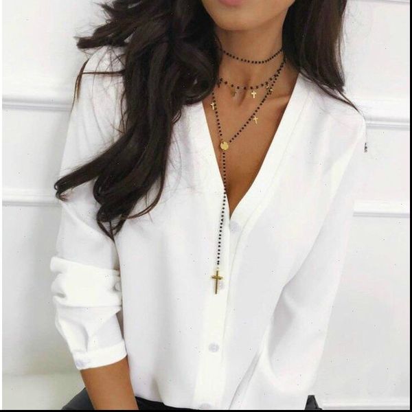 

women v neck casual blouse ladies long sleeve office work loose shirts 2021 autumn chiffon fashion blusa, White