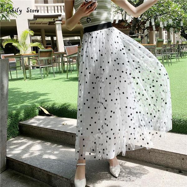 

skirts womens korean version of the summer high-waist square polka-dot long skirt oversized pleated mesh falda de mujer, Black