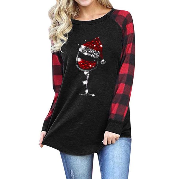 

women's blouses & shirts women spring casual mid pullover fall red plaid stitching santa christmas print long sleeve shirt, White