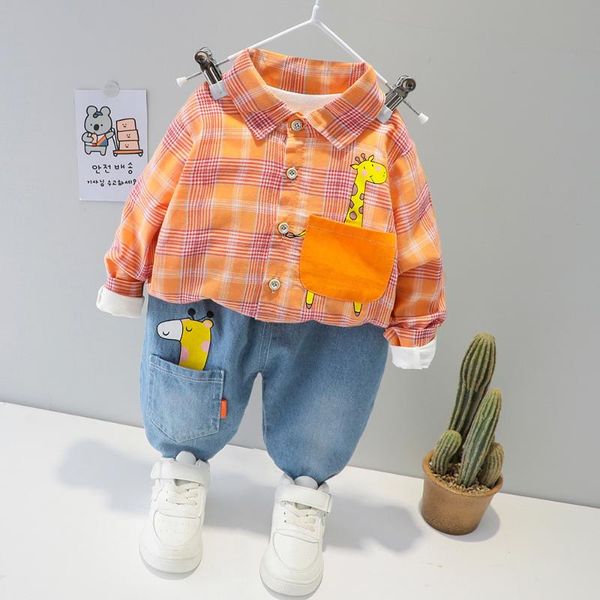 

spring newborn boys outfits korean toddler boy plaid shirt+jeans two piece baby suit cartoon casual infant clothing children set, White