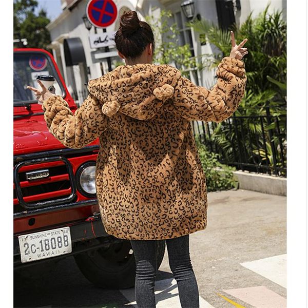 

winter leopard print jacket thick parka fake fur ladies plush coat warm woman parkas overcoat women long jackets smo2, Black