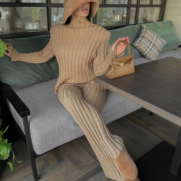 

women's two piece pants fashion homewear women soft 2 set autumn winter solid pullover knitted elegant lady pajama home suit, White
