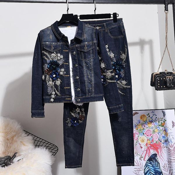 

handwork embroidery flowers jeans set female denim jacket coat pencil pants women two piece set navy blue denim suit streetwear, White