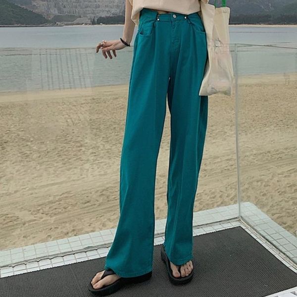 

women's pants & capris fashion high waist slimming loose bubuckle straight pink casual denim trousers ladies korean wide-leg women, Black;white