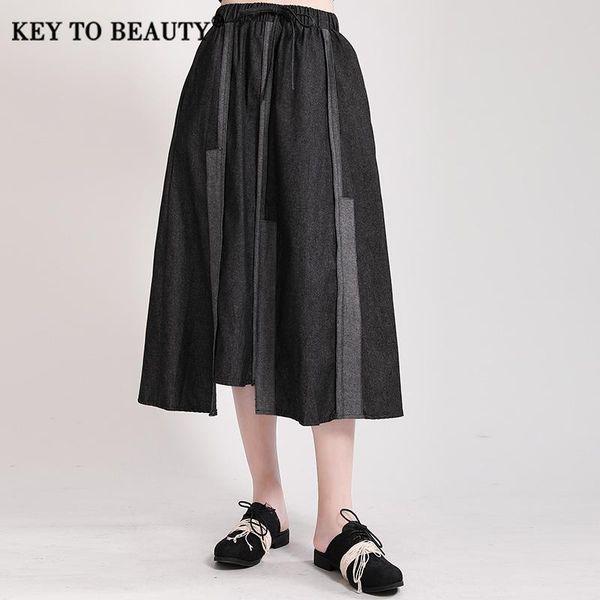 

skirts key to beauty women pleated denim skirt patchwork design irregular loose wild casual 2021 spring summer fashion tide ktb322, Black