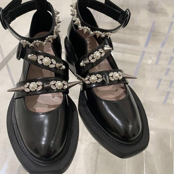 

women roman shoes pearl stud retro japan shoe round head buckle thick heel single shoes causal chic lolita rivet thin shoe, Black