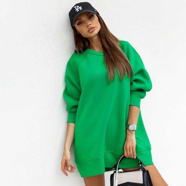 

women's hoodies & sweatshirts autumn women hoodie crew neck solid green khaki white 3 color loose long pullover full sleeve sweatshirt, Black