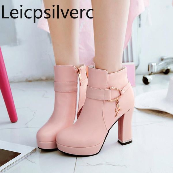 

boots women's winter the round head zipper metal decoration thick heel high short tube shoes plus size 34-43, Black