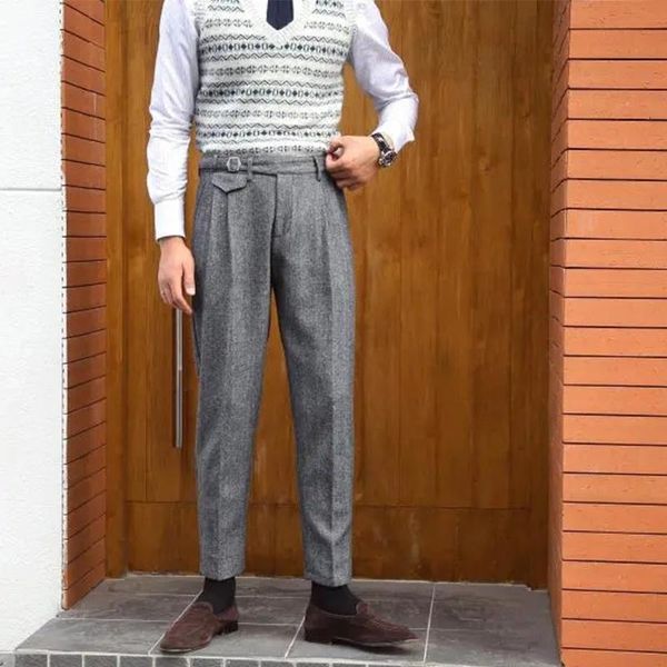 

men's suits & blazers men trousers gray light coffee retro herringbone casual tweed pants male gentleman for wedding groom groomsmen co, White;black