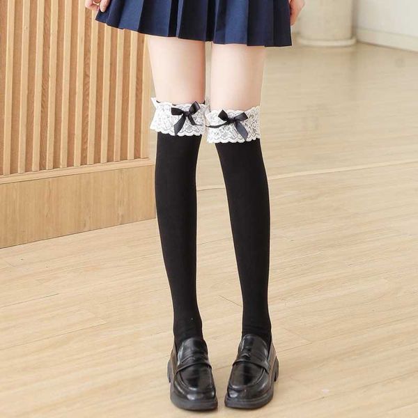 

socks & hosiery maid lolita knee high cosplay costumes accessories nylon lace bow cute kwaii girl long lady white, Black;white