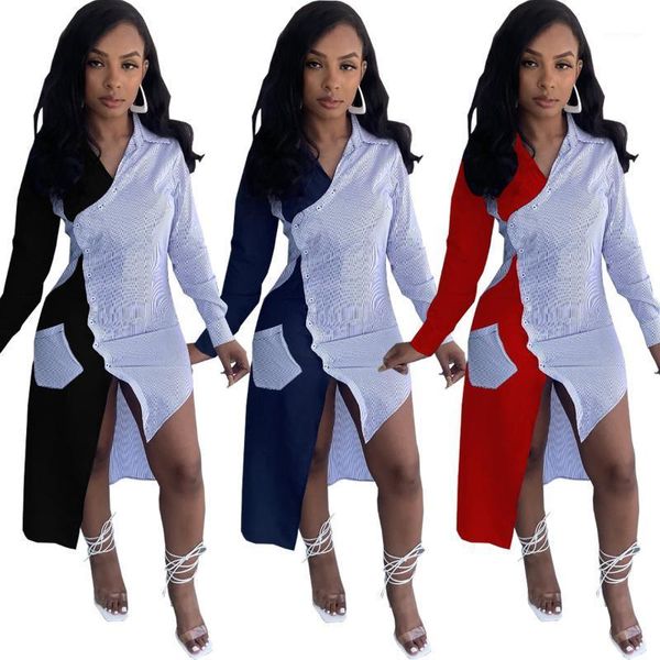

casual dresses 2021 autumn est contrast colors women shirt irregular turn down long sleeves pocket elegant lady party dress, Black;gray