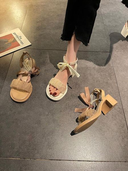

sandals pearl espadrilles platform suit female beige strappy heels 2021 women's summer shoes all-match high comfort black lace u