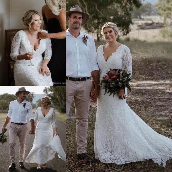 

plus size country wedding dresses bridal gown lace mermaid with 3/4 long sleeves 2021 sweep train custom made scalloped v neck vestido de no, White
