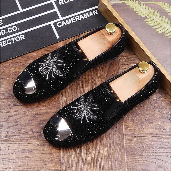 

luxury mens fashion embroidery casual shoes gold glitter leisure slip on rivets loafers shoes man party weeding dress shoes 886, Black