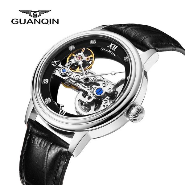 

wristwatches guanqin minimalist design double side transparent men business crown head skeleton mens watch automatic, Slivery;brown
