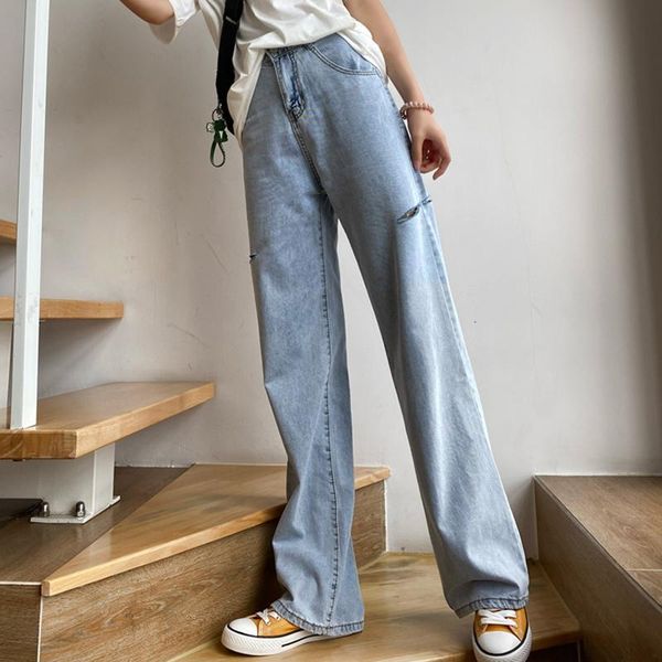 

women's jeans summer ripped hole high waist wide leg straight loose extra long for women tall s  l xl, Blue
