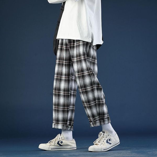 

men's pants spring summer thin plaid fashion retro casual men streetwear wild loose drawstring straight trousers mens, Black